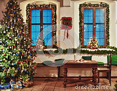 Christmas Tree in a rustic Room Stock Photo