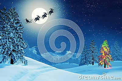 Christmas tree and Santa in moonlit winter landscape at night Stock Photo