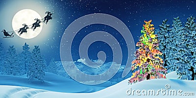 Christmas tree and Santa in moonlit winter landscape at night Stock Photo