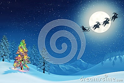 Christmas tree and Santa in moonlit winter landscape Stock Photo