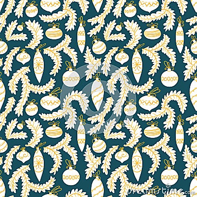 Christmas tree seamless pattern. New year cute background. Holiday seasonal backdrop with decoration balls. Vector Illustration