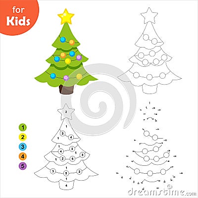 Christmas tree, a set of Developing children's games. Dot by dot, coloring. Vector Illustration