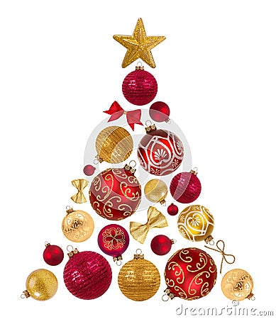 Christmas tree shape from decorative balls, bows and star on white Stock Photo