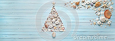 Christmas Tree Shells Beach Banner Background Stock Photo