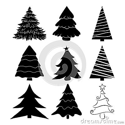 Christmas tree silhouettes set. Black pines icon for xmas card or invitation. Symbol of december. Collection of pine shapes design Vector Illustration