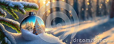 Christmas tree with silver shiny mirror ball. New Year celebration card. Fairy snow winter holiday background. Handmade Stock Photo