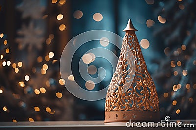 a christmas tree sits on a table in front of a christmas tree Stock Photo