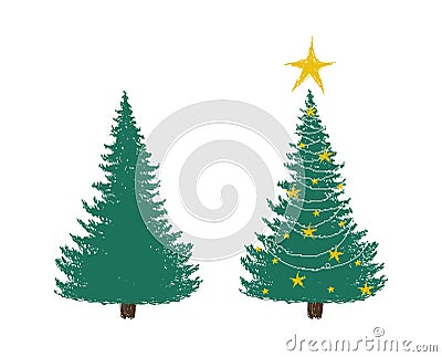 Christmas tree sketch. Set for festive design, Christmas tree with decor, star and garland, colored hand drawing Vector Illustration