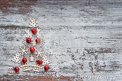 Christmas tree of small wooden toys, symbols of the new year. Ne Stock Photo