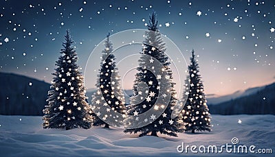 christmas tree in the snow four Christmas trees standing in snow field decorated with white stars, night sky Stock Photo