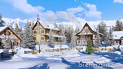 Christmas tree on snowbound alpine village square Cartoon Illustration