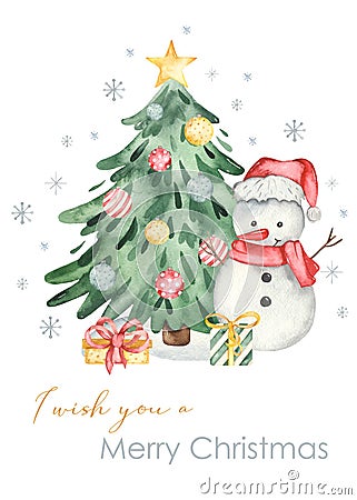 Watercolor card with christmas tree, snowman, gifts, star, snowflakes, i wish you a merry christmas Stock Photo