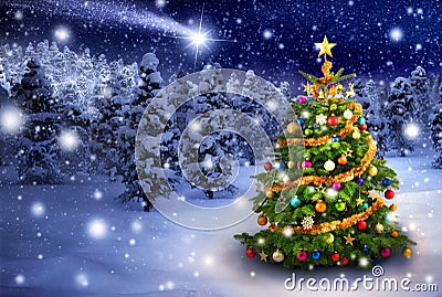 Christmas tree in snowy night Stock Photo