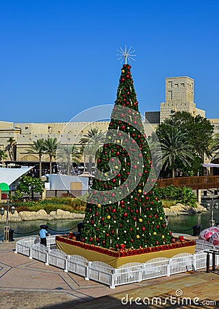 Christmas tree on square in Dubai, UAE Editorial Stock Photo