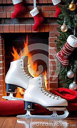A Christmas Tree With Stockings And A Pair Of Skates. Generative AI Stock Photo