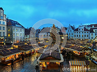 Christmas tree in Tallinn panorama in old town hall square best in Europe market holiday travel to Europe travel agency backgroun Editorial Stock Photo