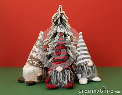 christmas tree and three gnomes gonk on red background Stock Photo
