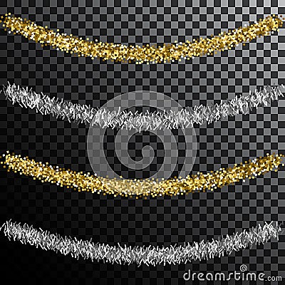 Christmas tree tinsel. Gold and silver decoration Vector Illustration