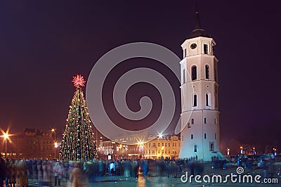 Christmas tree and tower in Vilnius people Stock Photo