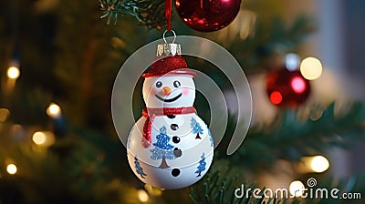 Christmas tree toy in the form of a snowman in a red hat Stock Photo