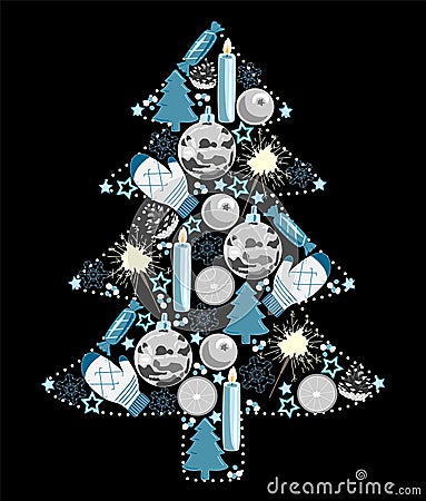 Christmas tree of toys, black, blue and white, vector illustration Cartoon Illustration