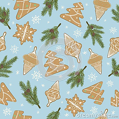 Christmas tree toys made of gingerbread and pine branches with pine cones. Holiday seamless pattern with Christmas motif. Vector Illustration