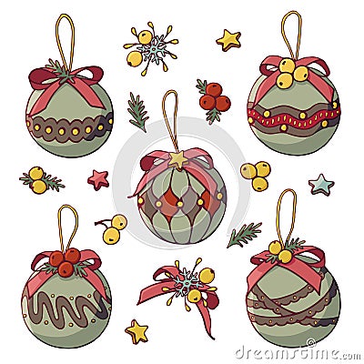 Christmas tree toys with stars and berries Vector Illustration