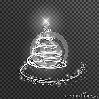 Christmas tree on transparent background. White light Christmas tree as symbol of Happy New Year, Merry Christmas Vector Illustration