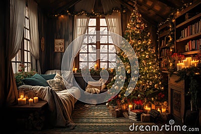 christmas tree with twinkly lights in a cozy room Stock Photo