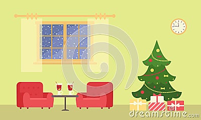 Christmas tree, two cozy three-quarter armchairs and glasses of mulled wine on coffee table Vector Illustration