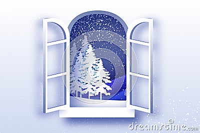 Christmas tree, under the snowfall. Merry Christmas greetings card in paper cut style. Winter season holidays. Happy New Vector Illustration