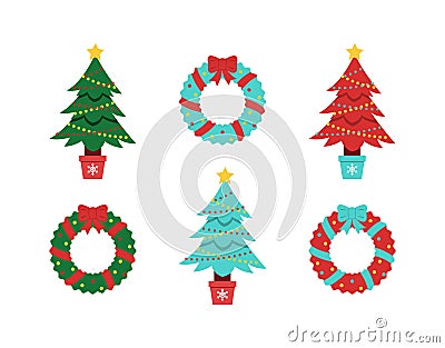 Christmas tree vector collection. Decorated spruce and wreath for winter holidays Vector Illustration