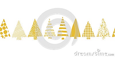 Christmas trees border. Christmas trees in a row vector seamless pattern. Geometric Christmas tree silhouettes gold on a white Vector Illustration