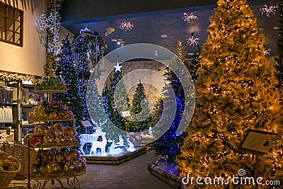 Christmas trees with lights in the reign of Santa Claus shop Editorial Stock Photo