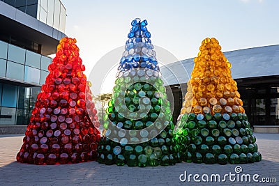 Christmas trees made from recycled plastic bottles in cheerful colors in an urban setting Stock Photo
