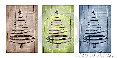 Christmas trees made of wooden branches with gifts. Triptych in brown, green and blue. Stock Photo