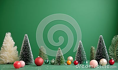 Christmas trees and ornaments display on green background, featuring various sizes of artificial trees and colorful Stock Photo