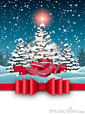 Christmas trees and red gift boxes in snow Vector Illustration