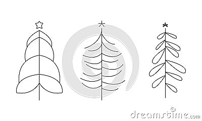 Christmas trees set, hand drawn monochrome coniferous forest trees with contour lines vector Illustration Vector Illustration