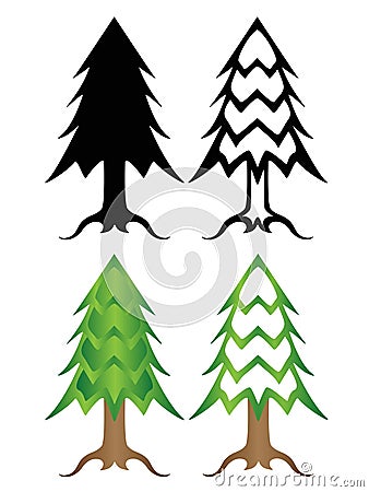 Christmas trees A set of stylized colored and black and white Christmas trees. Vector Illustration