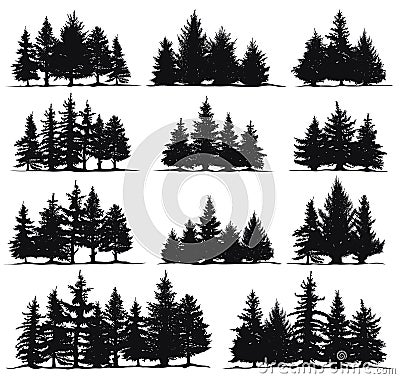 Christmas trees silhouettes. Spruce nature fir trees, coniferous forest evergreen pines isolated vector illustration set Vector Illustration