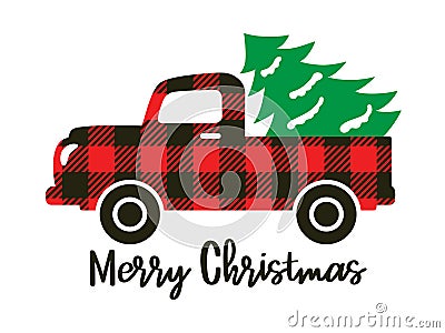 Buffalo Plaid Truck Carrying a Christmas Tree Vector Illustration