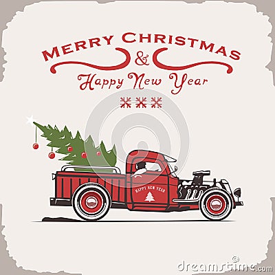 Christmas truck, side view, vector image, old card style Vector Illustration