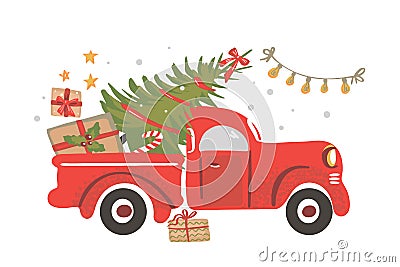 Christmas truck. Vintage vector illustration Christmas red truck with a Christmas tree. Vector Illustration