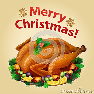 Christmas Turkey on platter with garnish Vector Illustration