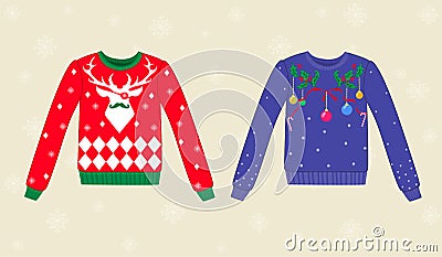 Christmas ugly sweaters on background with showflakes Vector Illustration