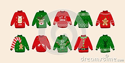 Christmas Ugly sweaters set. Cute sweater doodles. Isolated. Vector Vector Illustration