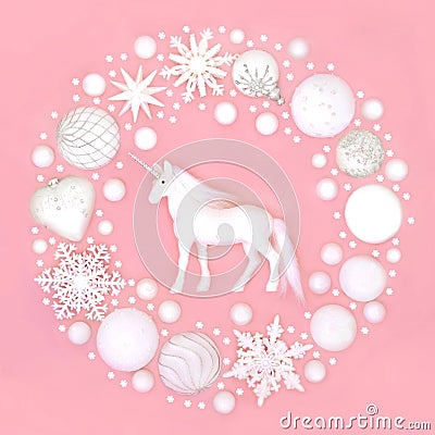 Christmas Unicorn Snowflake and White Bauble Wreath Stock Photo