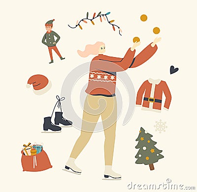 Christmas Vacation Spare Time on Ice Rink. Happy Woman in Warm Clothes Skating Outdoors and Juggling in Winter Park Vector Illustration