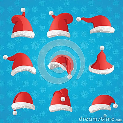 Christmas various hats set in cartoon style on blue background. Vector Illustration